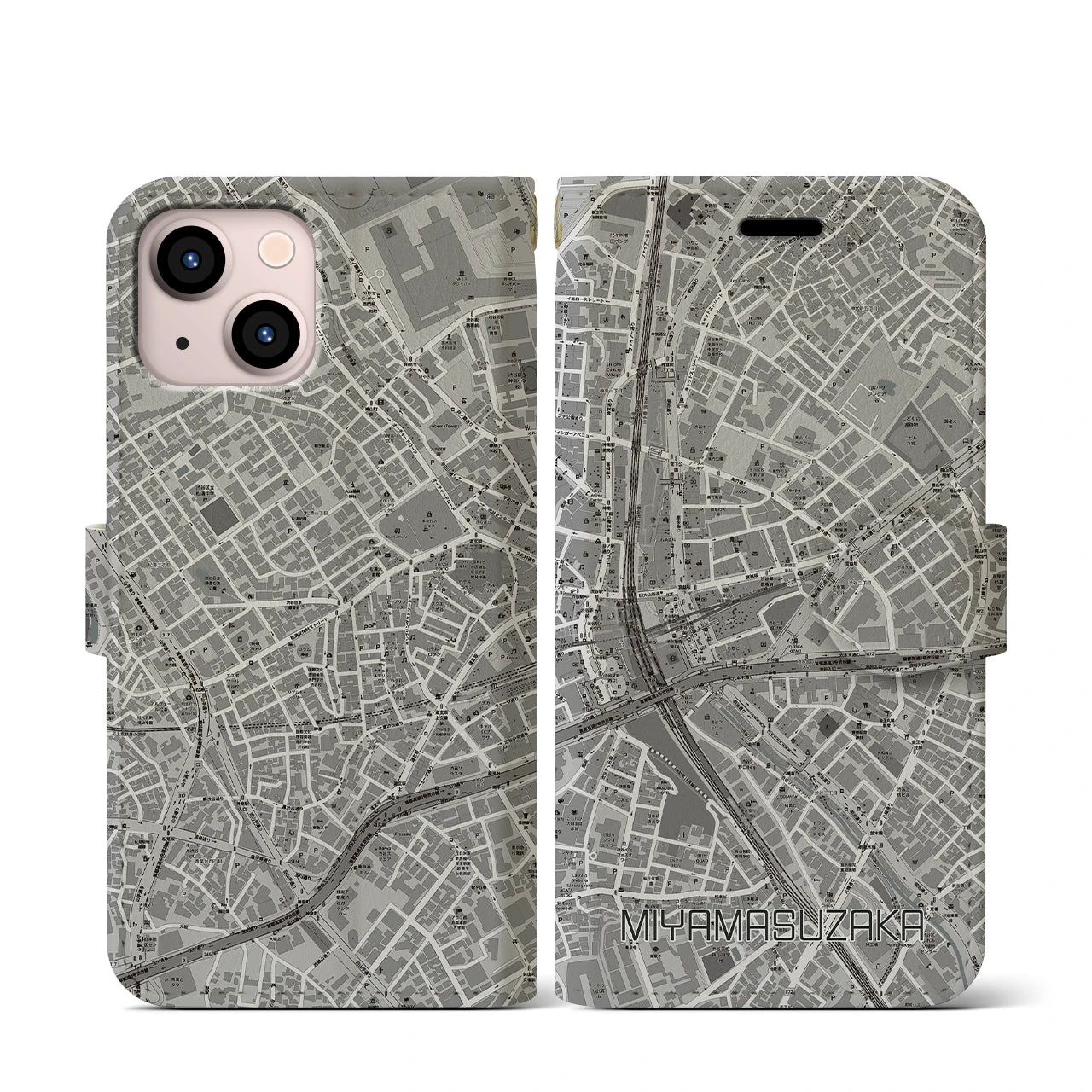 【宮益坂(東京都)】地図柄iPhoneケース(手帳タイプ)モノトーン・iPhone 13 mini 用