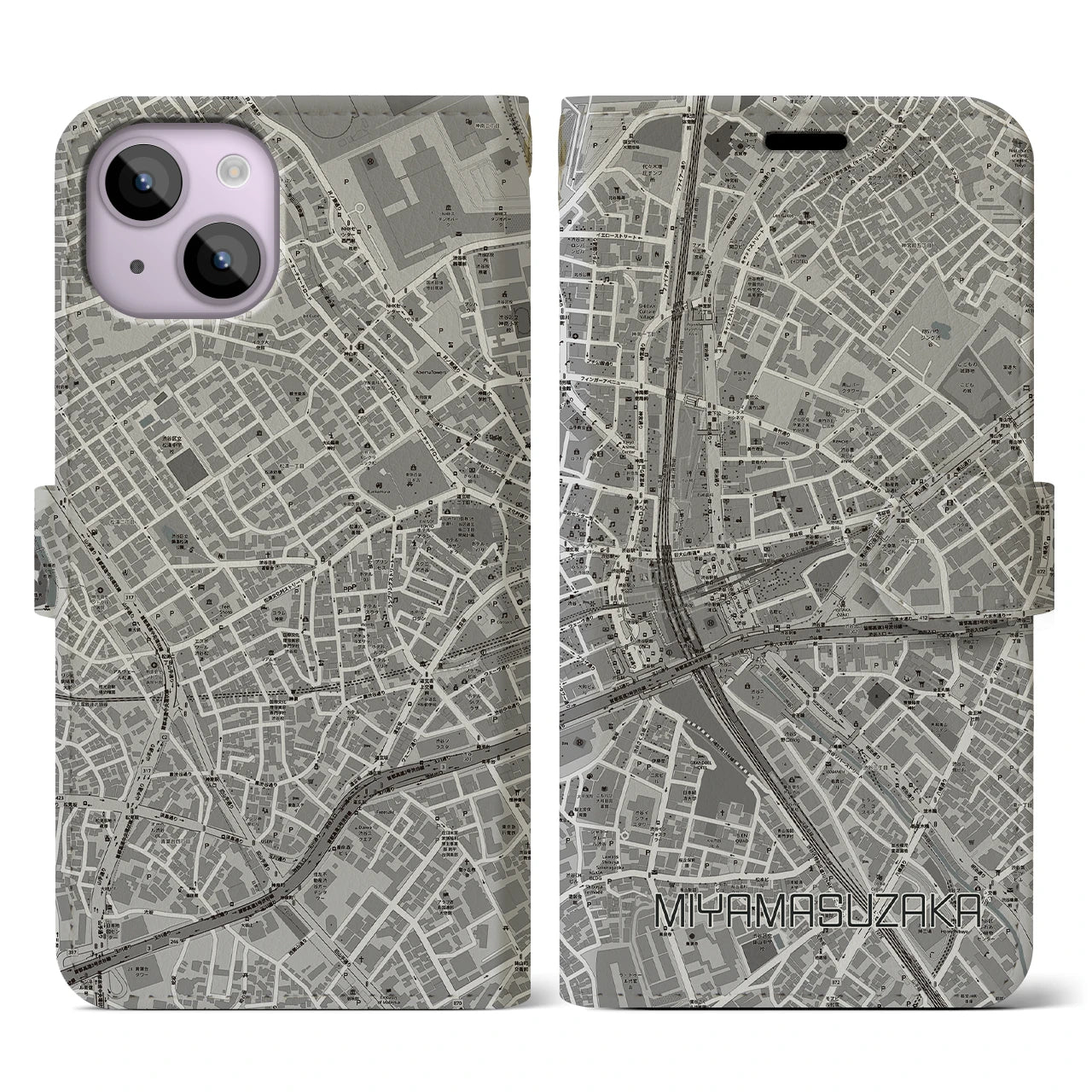 【宮益坂(東京都)】地図柄iPhoneケース(手帳タイプ)モノトーン・iPhone 14 用
