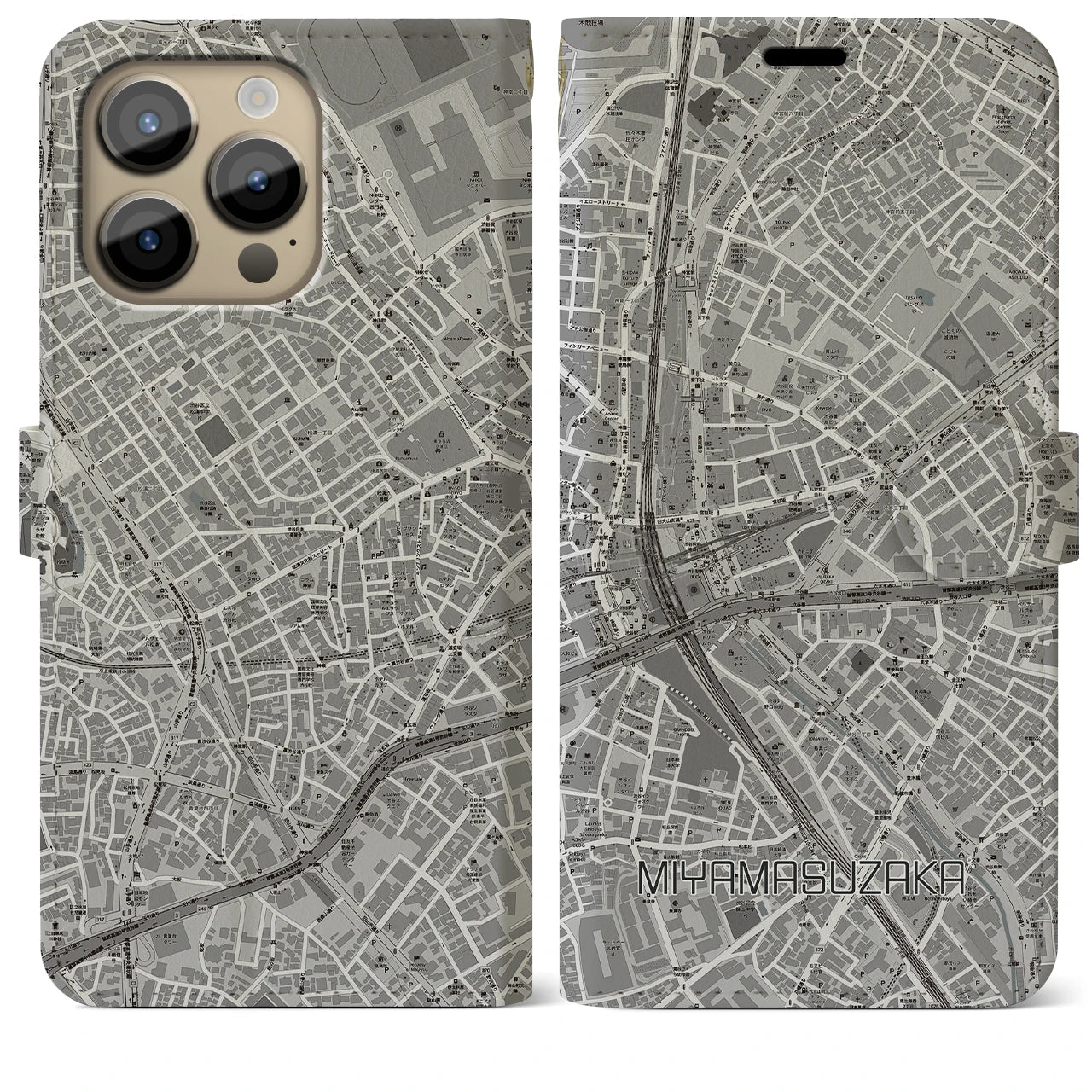 【宮益坂(東京都)】地図柄iPhoneケース(手帳タイプ)モノトーン・iPhone 14 Pro Max 用