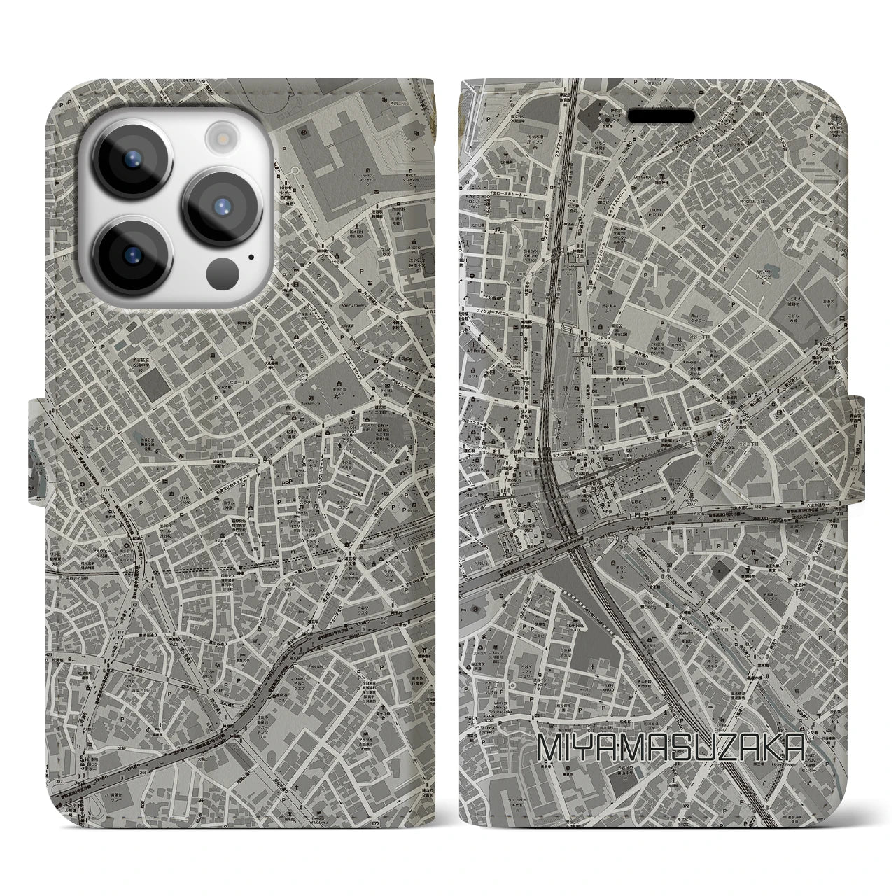 【宮益坂(東京都)】地図柄iPhoneケース(手帳タイプ)モノトーン・iPhone 14 Pro 用