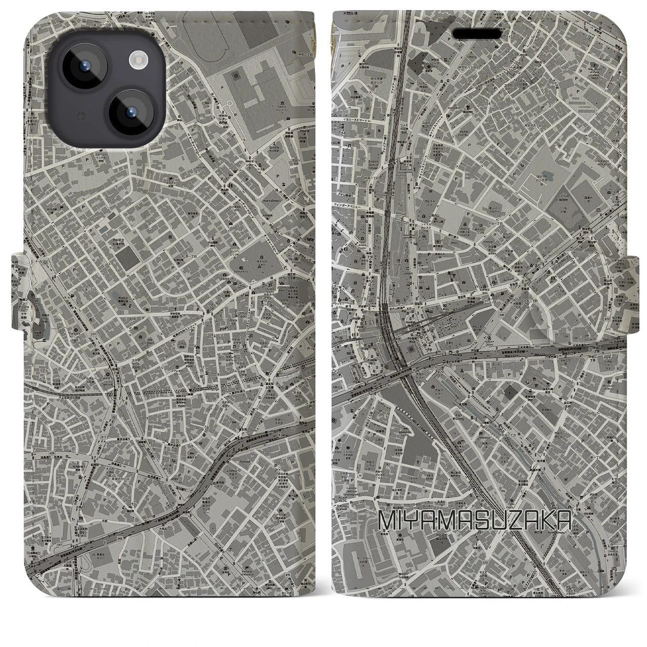 【宮益坂(東京都)】地図柄iPhoneケース(手帳タイプ)モノトーン・iPhone 14 Plus 用