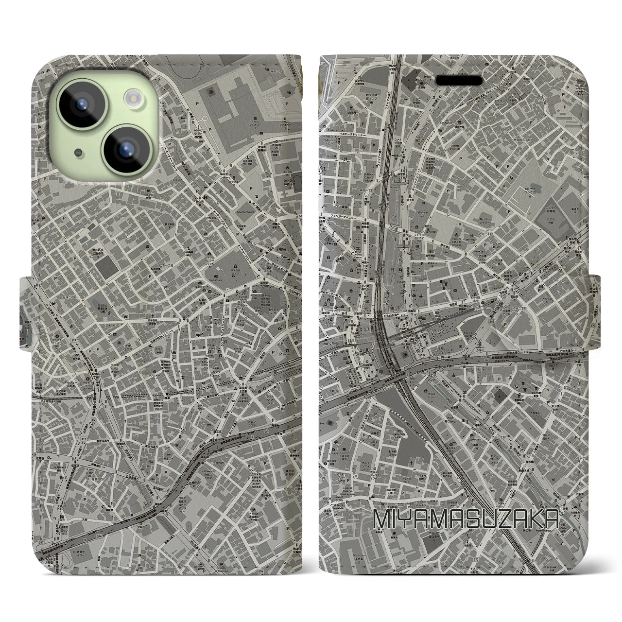 【宮益坂(東京都)】地図柄iPhoneケース(手帳タイプ)モノトーン・iPhone 15 用