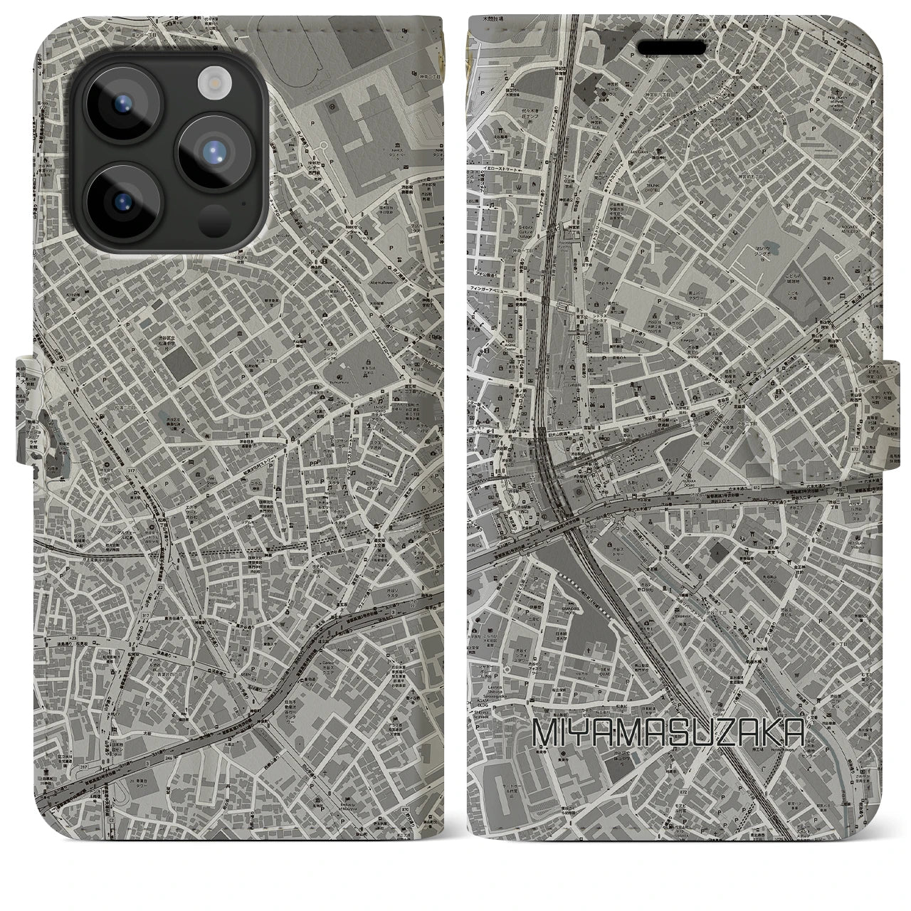 【宮益坂(東京都)】地図柄iPhoneケース(手帳タイプ)モノトーン・iPhone 15 Pro Max 用