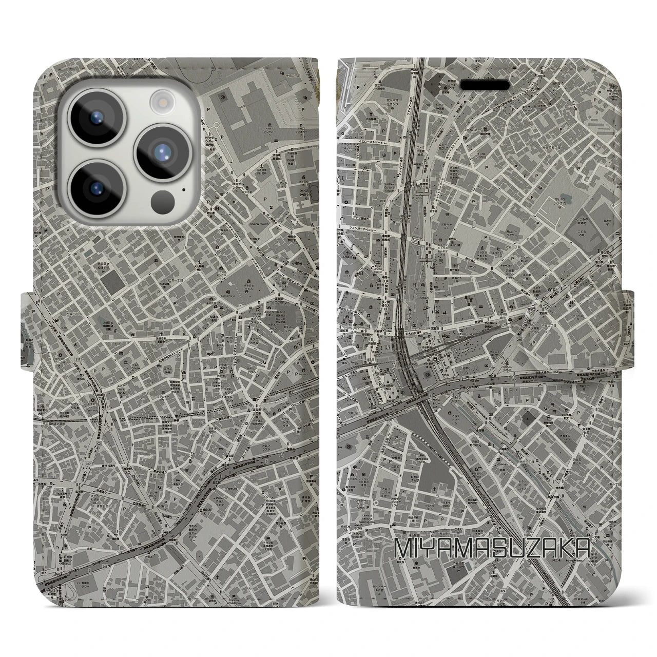 【宮益坂(東京都)】地図柄iPhoneケース(手帳タイプ)モノトーン・iPhone 15 Pro 用