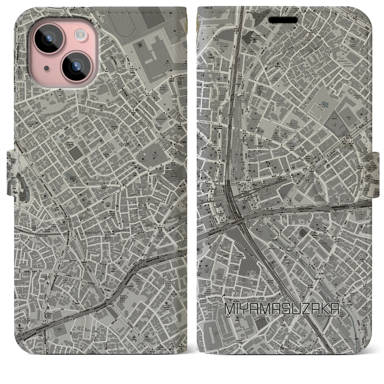【宮益坂(東京都)】地図柄iPhoneケース(手帳タイプ)モノトーン・iPhone 15 Plus 用