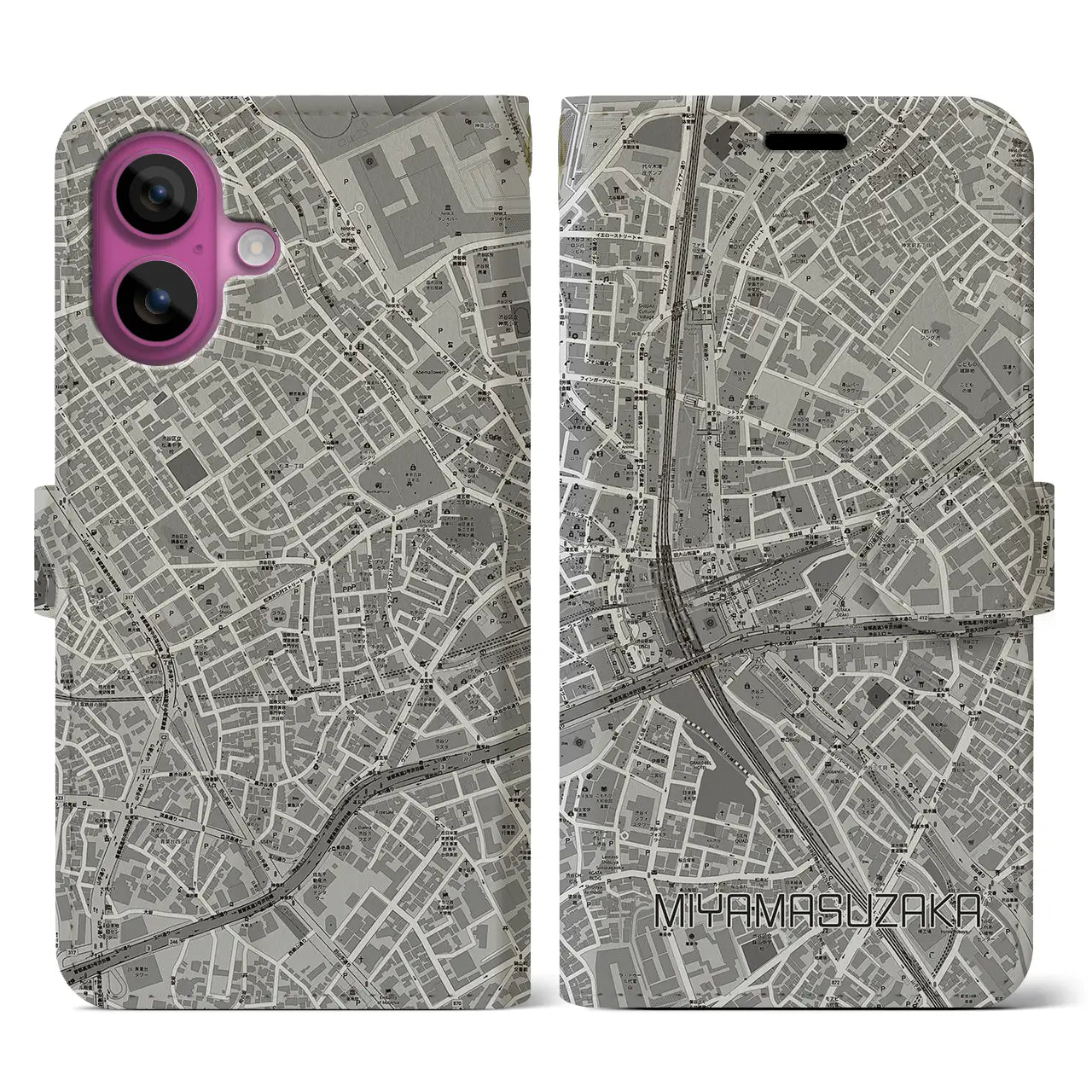 【宮益坂(東京都)】地図柄iPhoneケース(手帳タイプ)モノトーン・iPhone 16 Pro 用