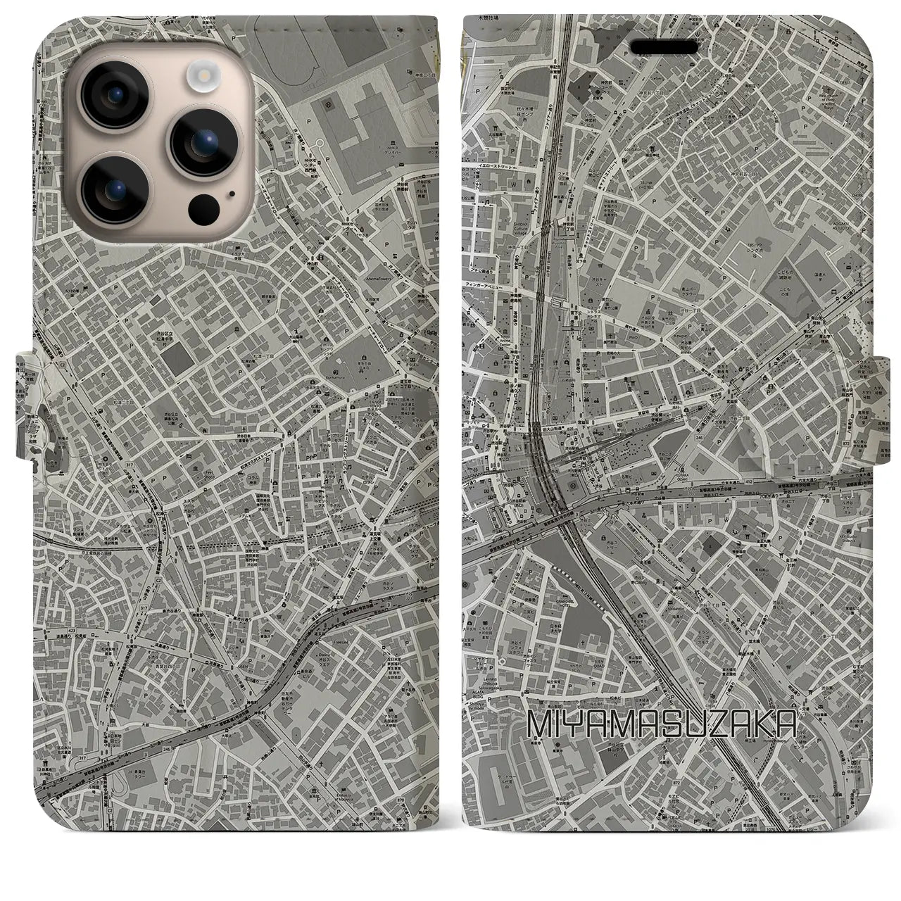 【宮益坂(東京都)】地図柄iPhoneケース(手帳タイプ)モノトーン・iPhone 16 Plus 用