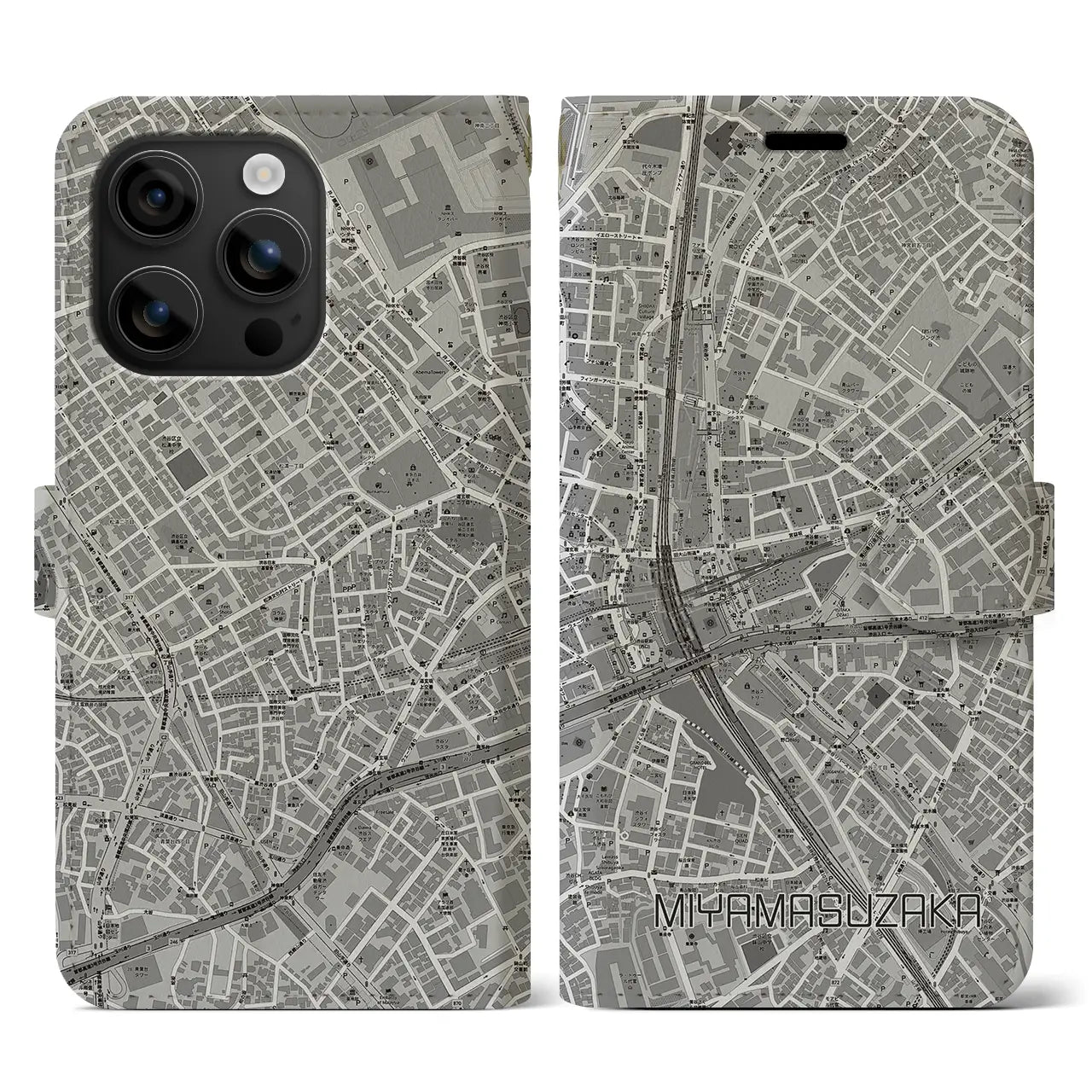 【宮益坂(東京都)】地図柄iPhoneケース(手帳タイプ)モノトーン・iPhone 16 用