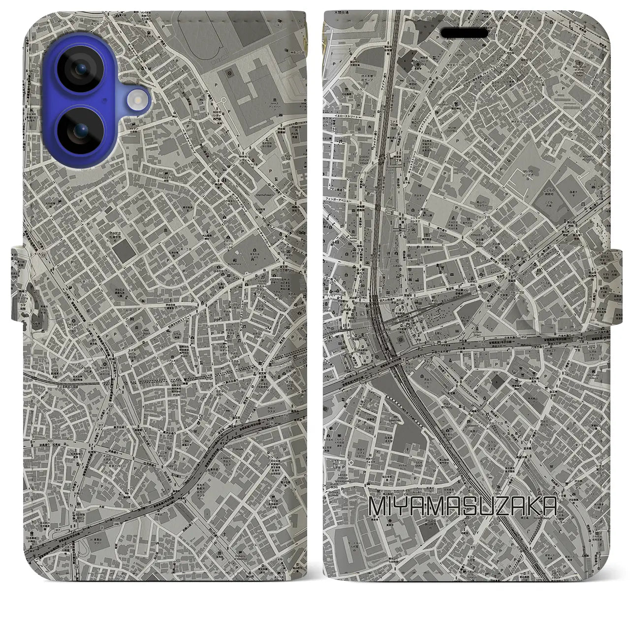 【宮益坂(東京都)】地図柄iPhoneケース(手帳タイプ)モノトーン・iPhone 16 Pro Max 用