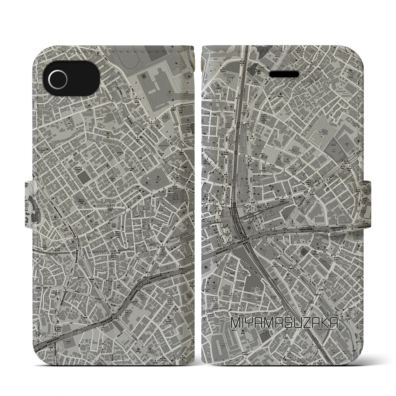 【宮益坂(東京都)】地図柄iPhoneケース(手帳タイプ)モノトーン・iPhone SE(第3 / 第2世代) / 8 / 7 / 6s / 6 用