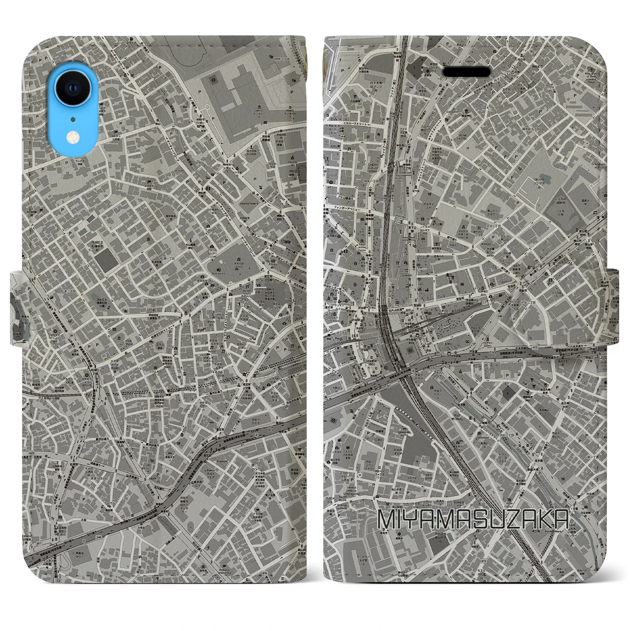 【宮益坂(東京都)】地図柄iPhoneケース(手帳タイプ)モノトーン・iPhone XR 用