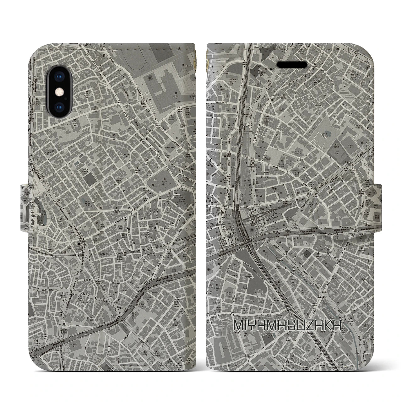 【宮益坂(東京都)】地図柄iPhoneケース(手帳タイプ)モノトーン・iPhone XS / X 用