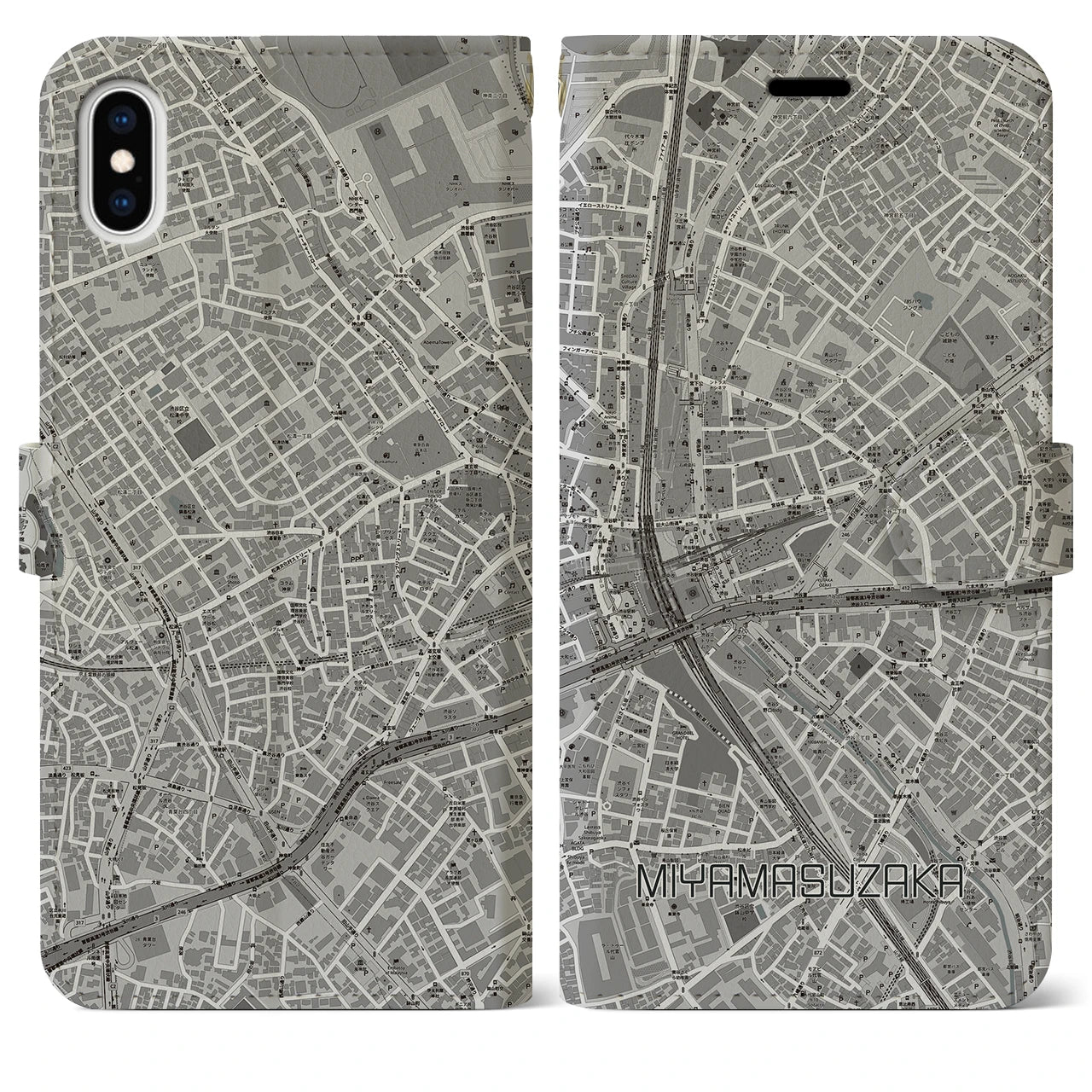 【宮益坂(東京都)】地図柄iPhoneケース(手帳タイプ)モノトーン・iPhone XS Max 用