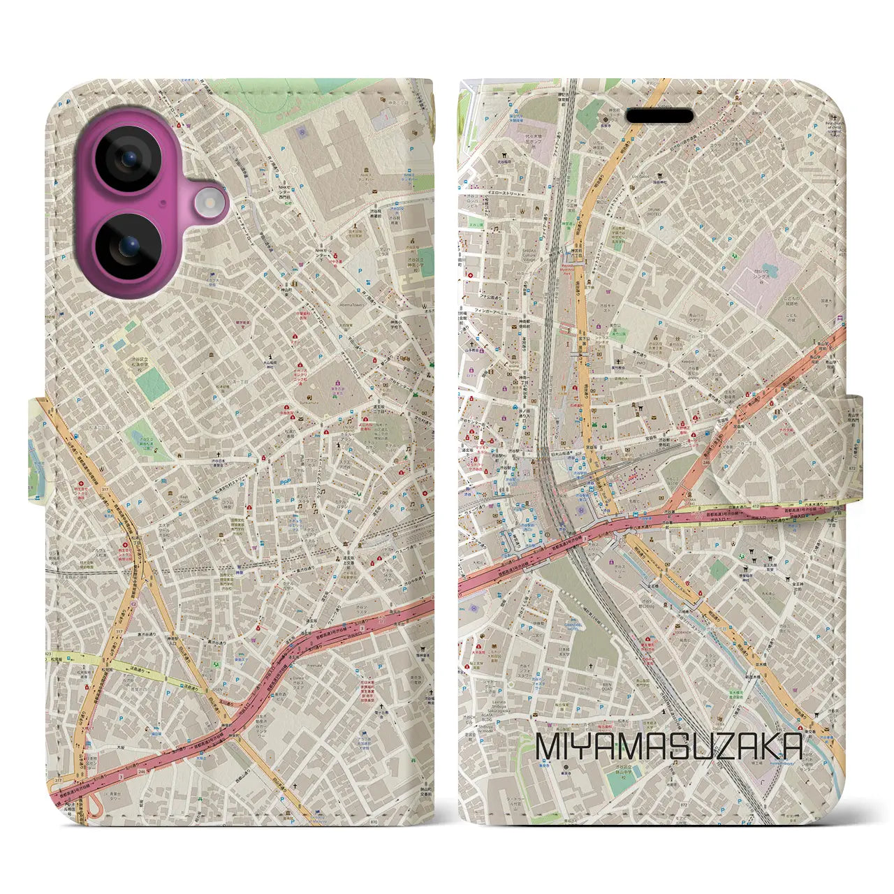 【宮益坂(東京都)】地図柄iPhoneケース(手帳タイプ)ナチュラル・iPhone 16 Pro 用