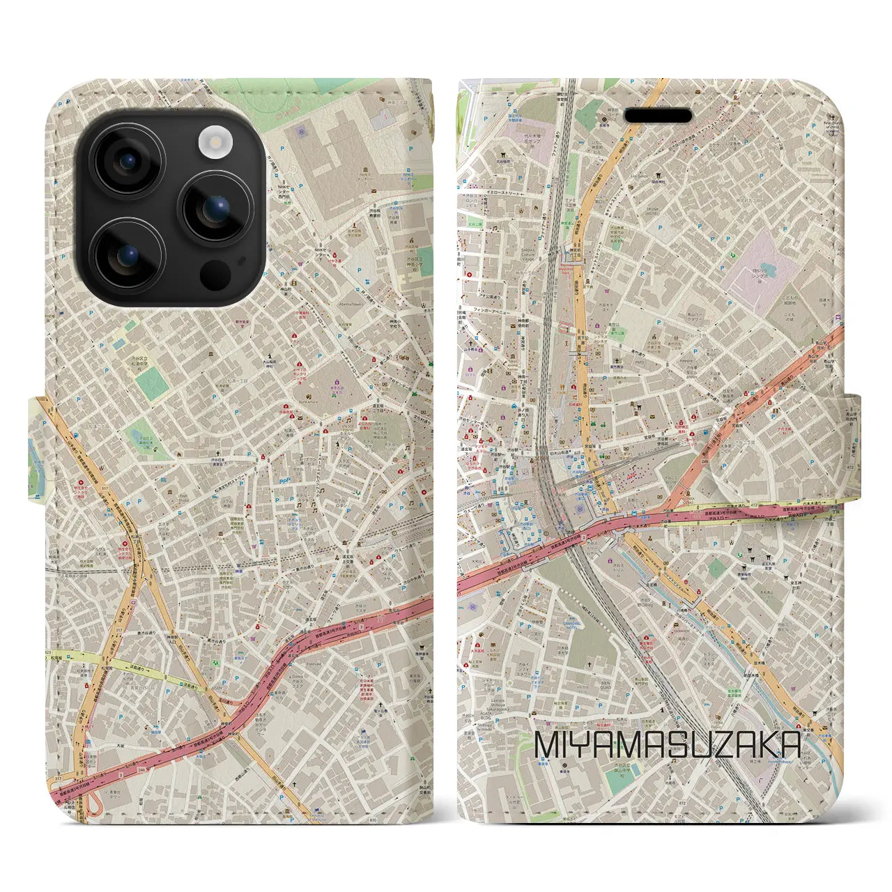 【宮益坂(東京都)】地図柄iPhoneケース(手帳タイプ)ナチュラル・iPhone 16 用