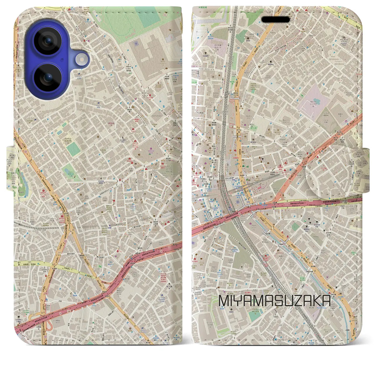 【宮益坂(東京都)】地図柄iPhoneケース(手帳タイプ)ナチュラル・iPhone 16 Pro Max 用