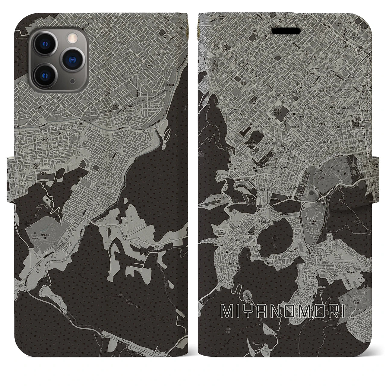 【宮の森(北海道)】地図柄iPhoneケース(手帳タイプ)モノトーン・iPhone 11 Pro Max 用