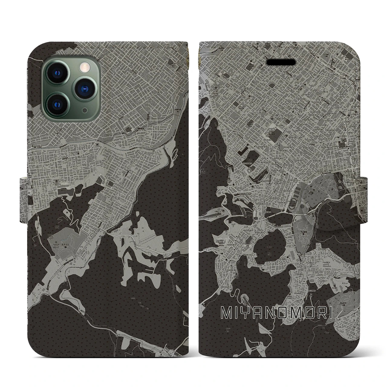【宮の森(北海道)】地図柄iPhoneケース(手帳タイプ)モノトーン・iPhone 11 Pro 用