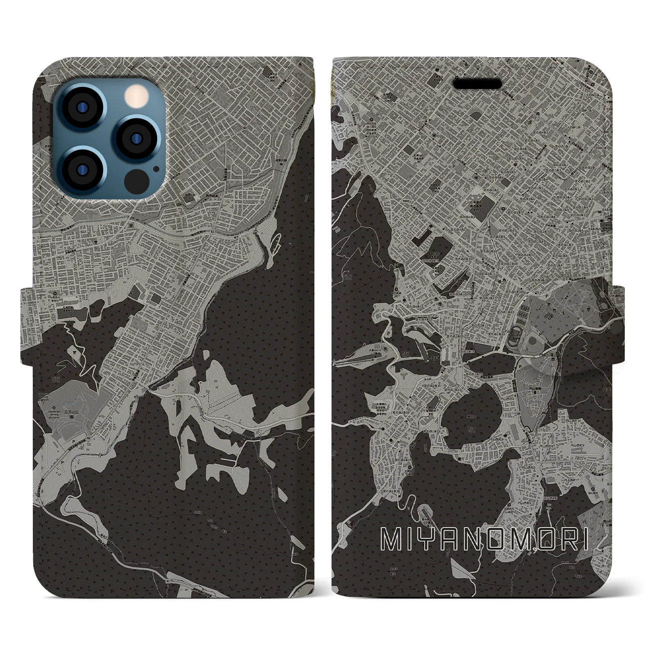 【宮の森(北海道)】地図柄iPhoneケース(手帳タイプ)モノトーン・iPhone 12 / 12 Pro 用