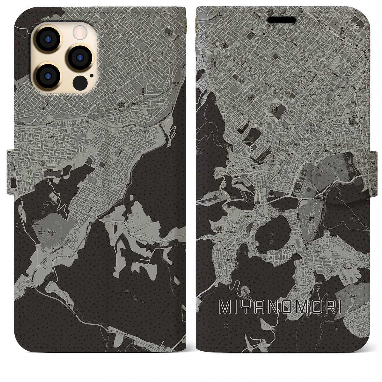 【宮の森(北海道)】地図柄iPhoneケース(手帳タイプ)モノトーン・iPhone 12 Pro Max 用