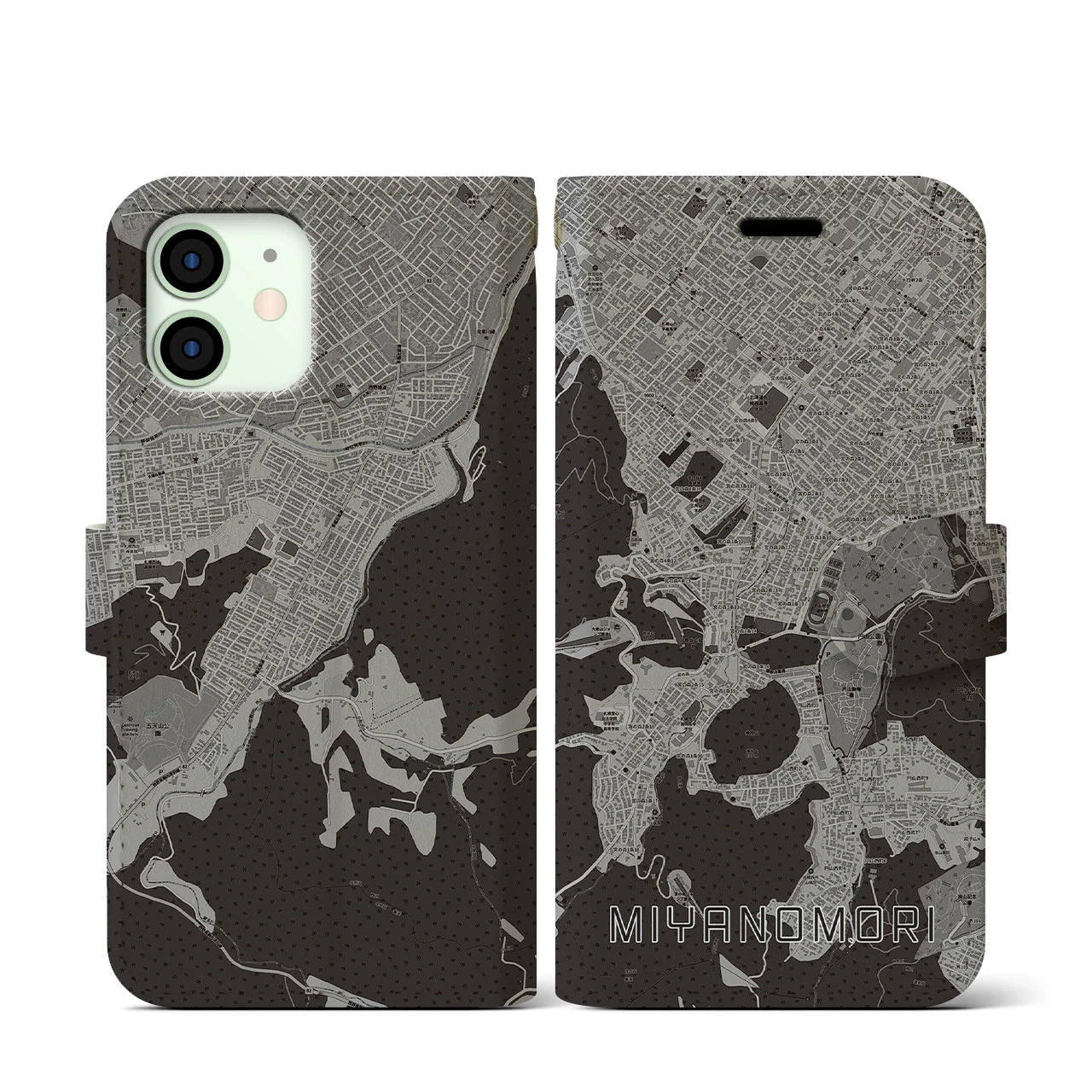 【宮の森(北海道)】地図柄iPhoneケース(手帳タイプ)モノトーン・iPhone 12 mini 用