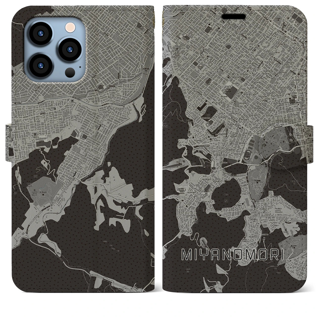 【宮の森(北海道)】地図柄iPhoneケース(手帳タイプ)モノトーン・iPhone 13 Pro Max 用