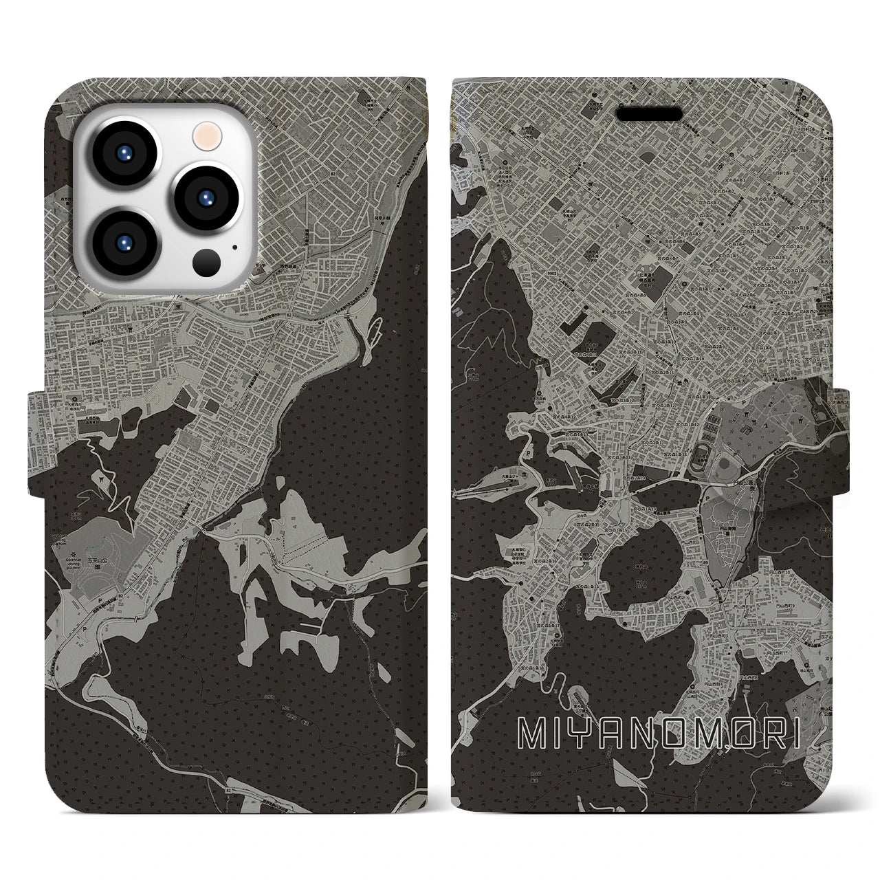 【宮の森(北海道)】地図柄iPhoneケース(手帳タイプ)モノトーン・iPhone 13 Pro 用