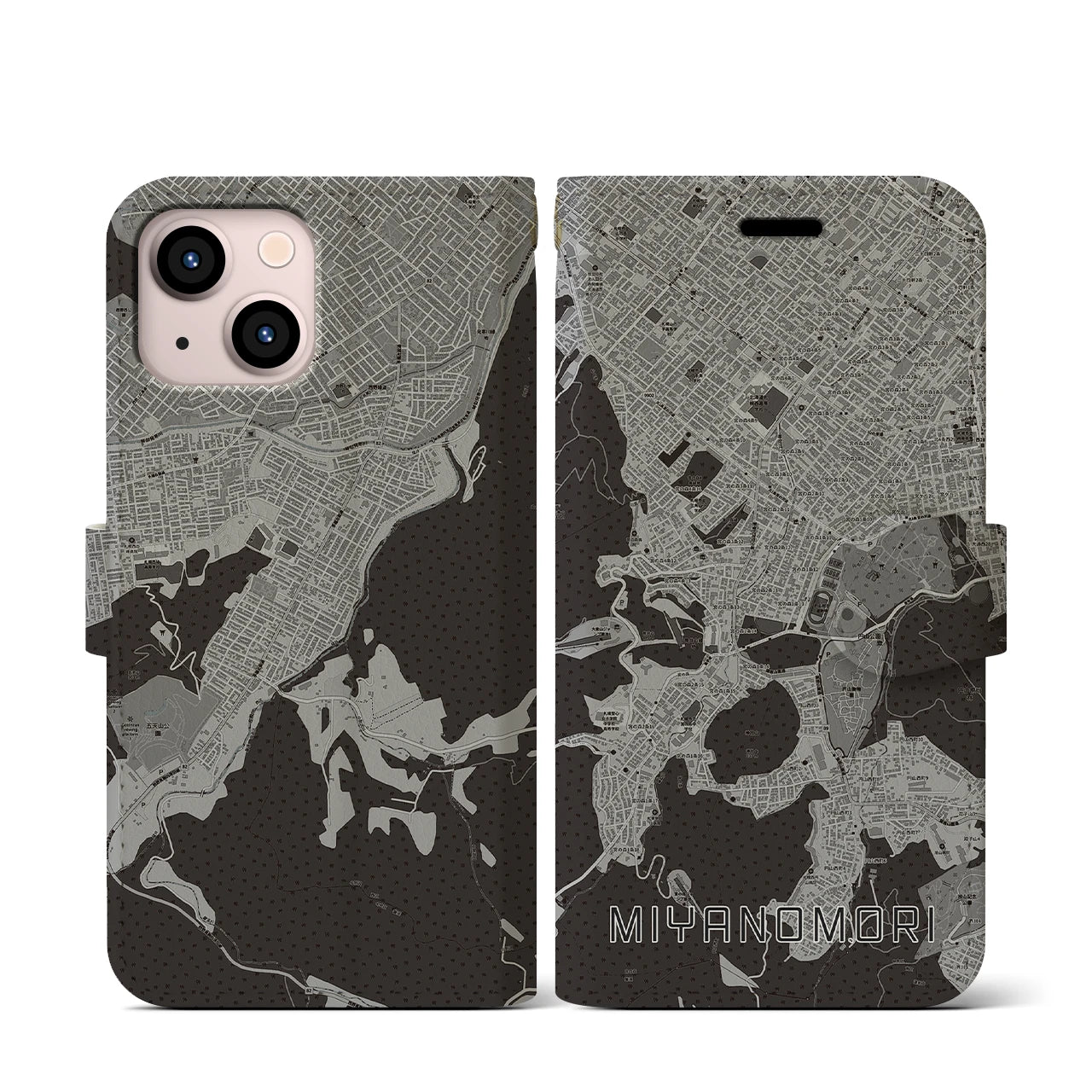 【宮の森(北海道)】地図柄iPhoneケース(手帳タイプ)モノトーン・iPhone 13 mini 用