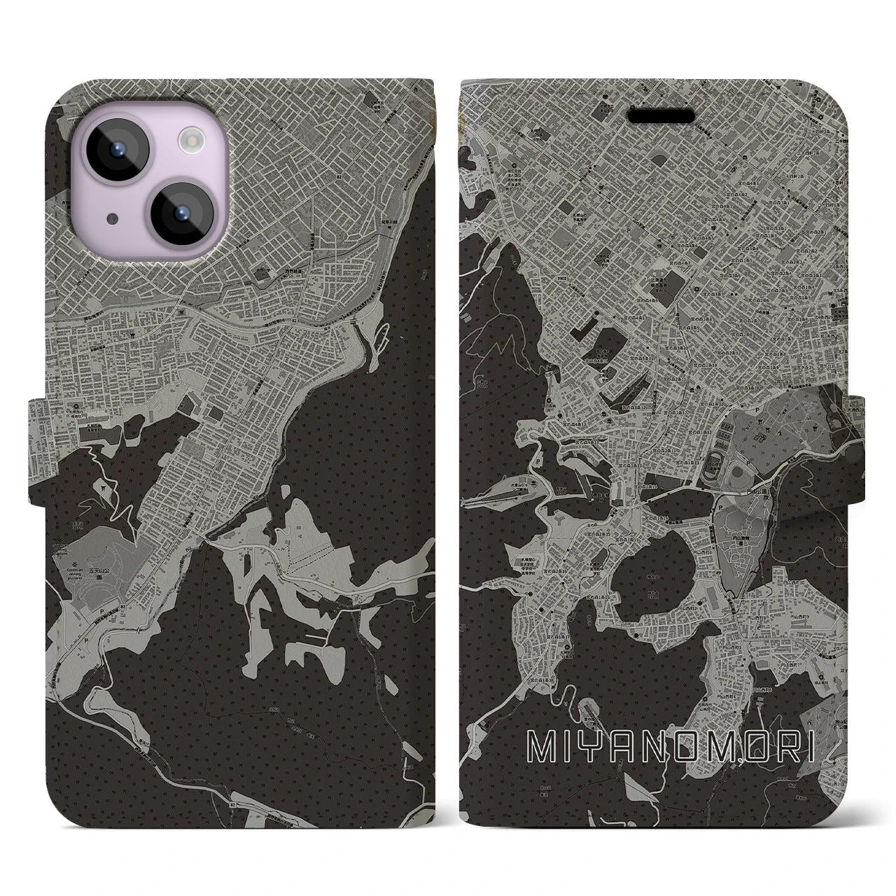 【宮の森(北海道)】地図柄iPhoneケース(手帳タイプ)モノトーン・iPhone 14 用