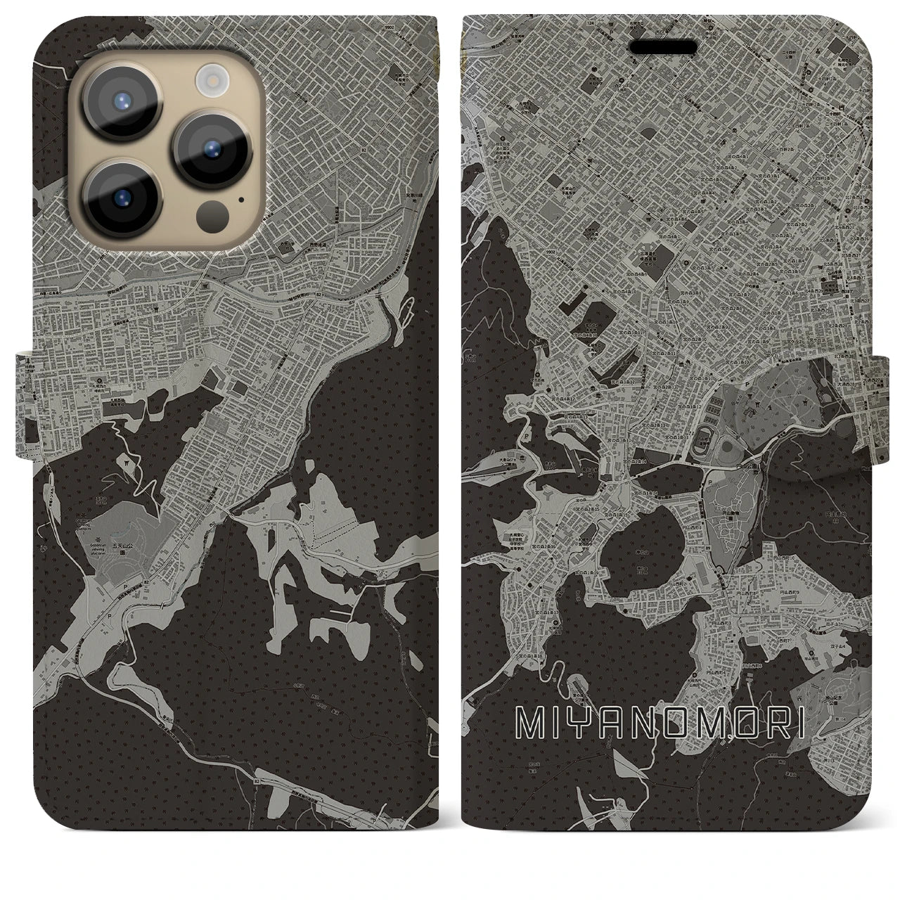 【宮の森(北海道)】地図柄iPhoneケース(手帳タイプ)モノトーン・iPhone 14 Pro Max 用