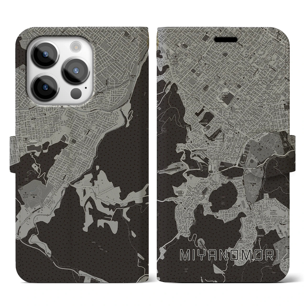 【宮の森(北海道)】地図柄iPhoneケース(手帳タイプ)モノトーン・iPhone 14 Pro 用