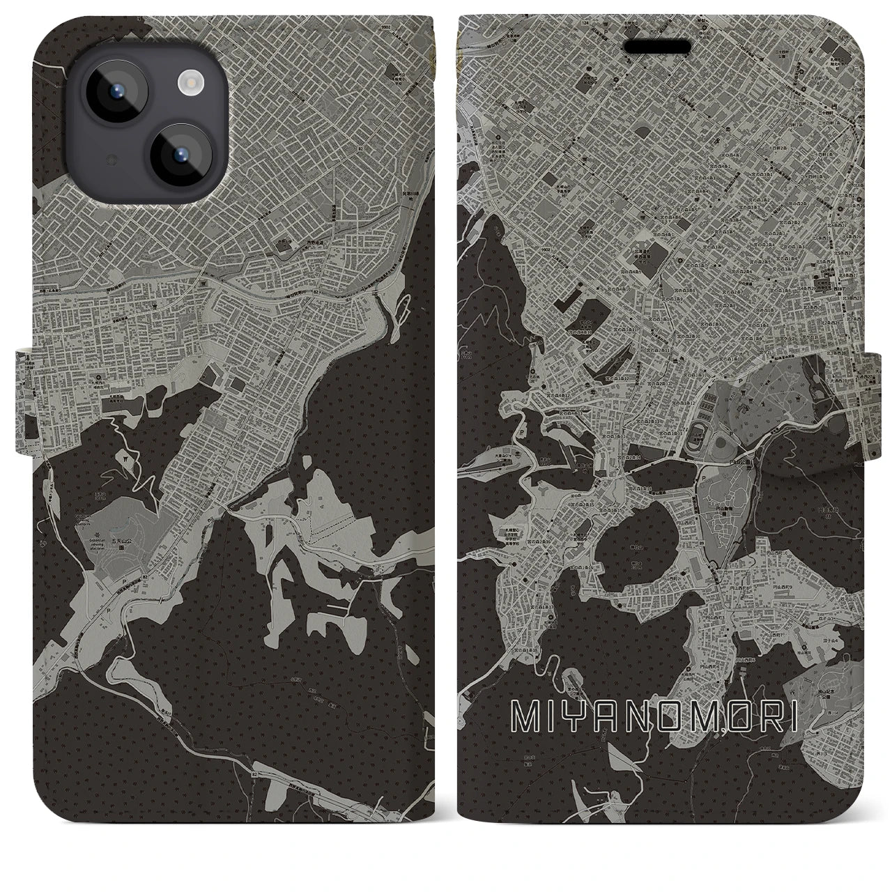 【宮の森(北海道)】地図柄iPhoneケース(手帳タイプ)モノトーン・iPhone 14 Plus 用