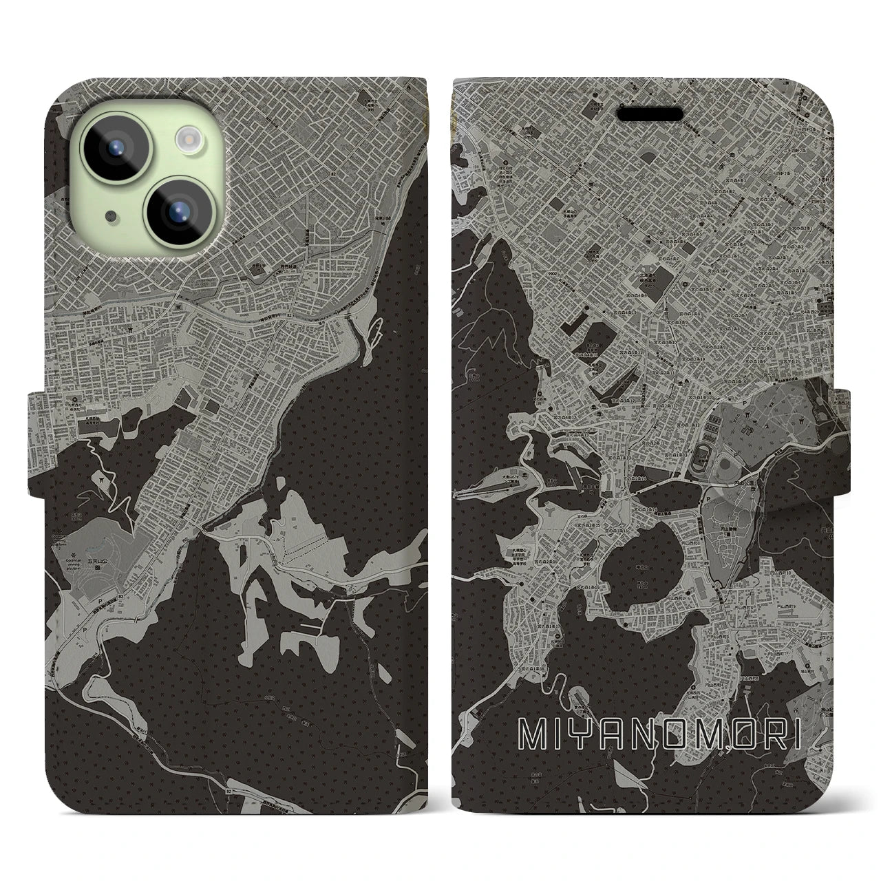 【宮の森(北海道)】地図柄iPhoneケース(手帳タイプ)モノトーン・iPhone 15 用