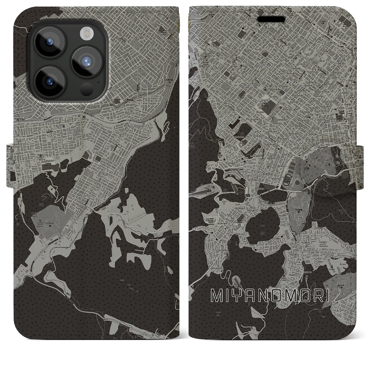 【宮の森(北海道)】地図柄iPhoneケース(手帳タイプ)モノトーン・iPhone 15 Pro Max 用