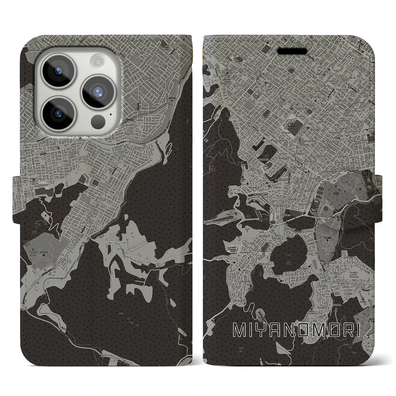 【宮の森(北海道)】地図柄iPhoneケース(手帳タイプ)モノトーン・iPhone 15 Pro 用