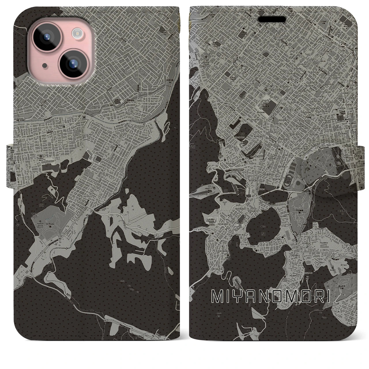 【宮の森(北海道)】地図柄iPhoneケース(手帳タイプ)モノトーン・iPhone 15 Plus 用