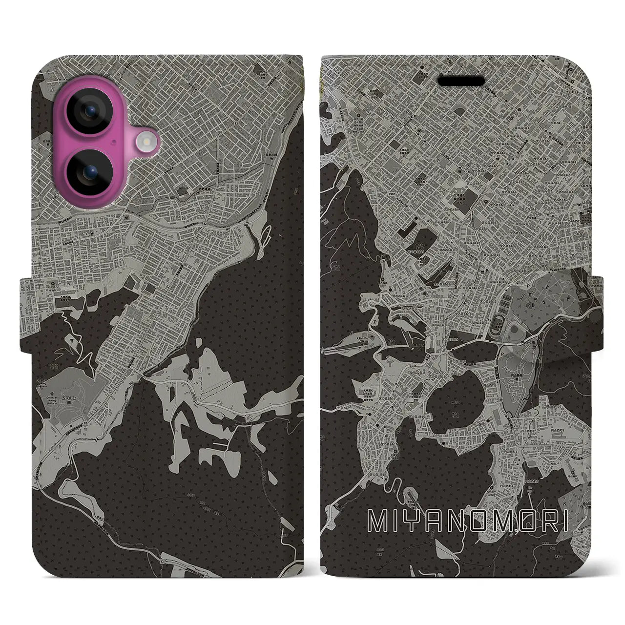 【宮の森(北海道)】地図柄iPhoneケース(手帳タイプ)モノトーン・iPhone 16 Pro 用