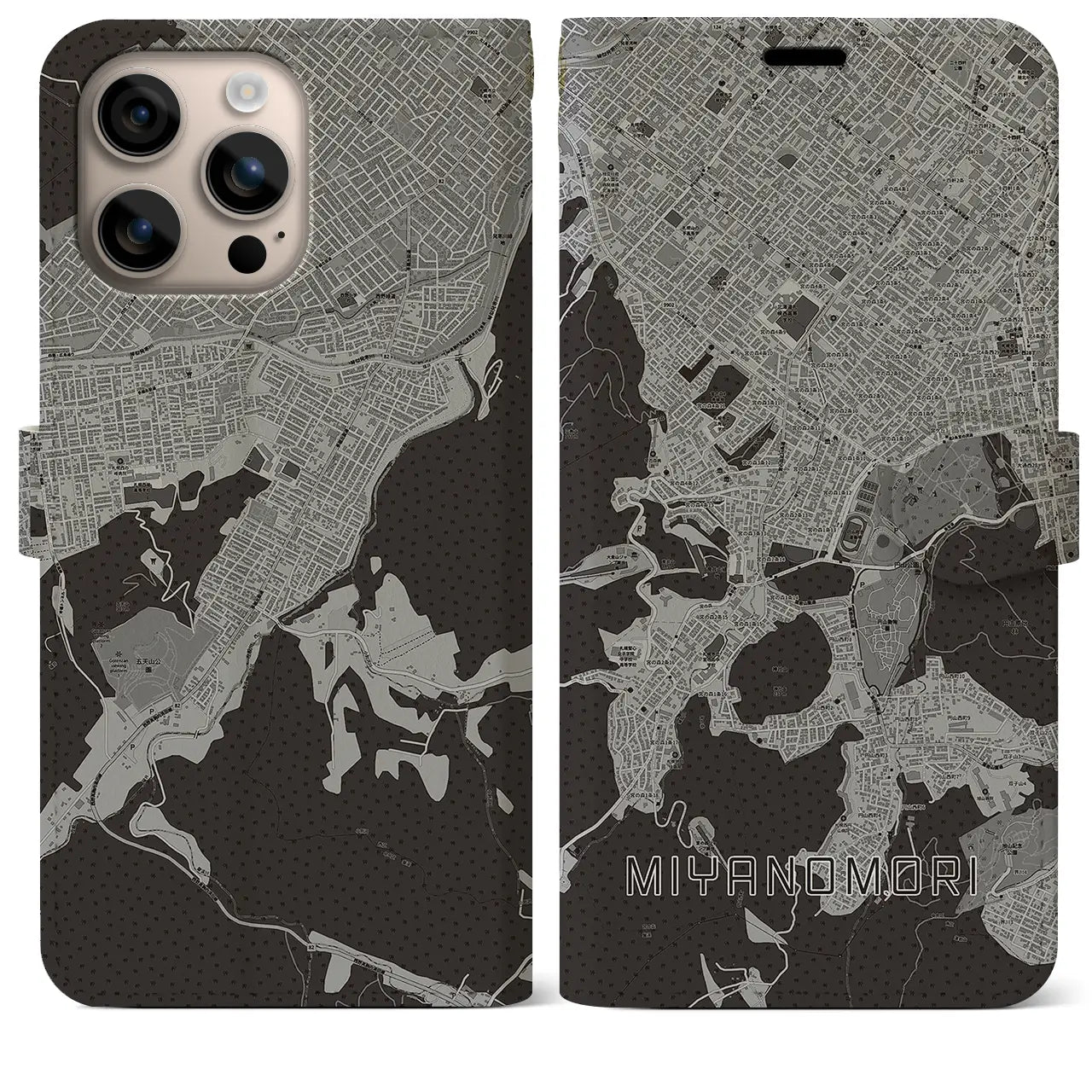 【宮の森(北海道)】地図柄iPhoneケース(手帳タイプ)モノトーン・iPhone 16 Plus 用