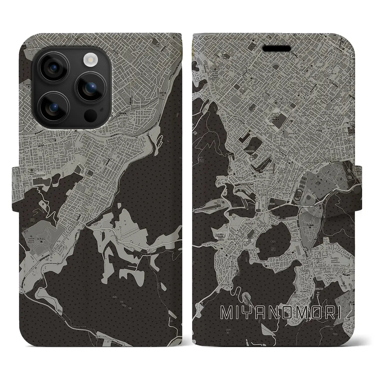 【宮の森(北海道)】地図柄iPhoneケース(手帳タイプ)モノトーン・iPhone 16 用
