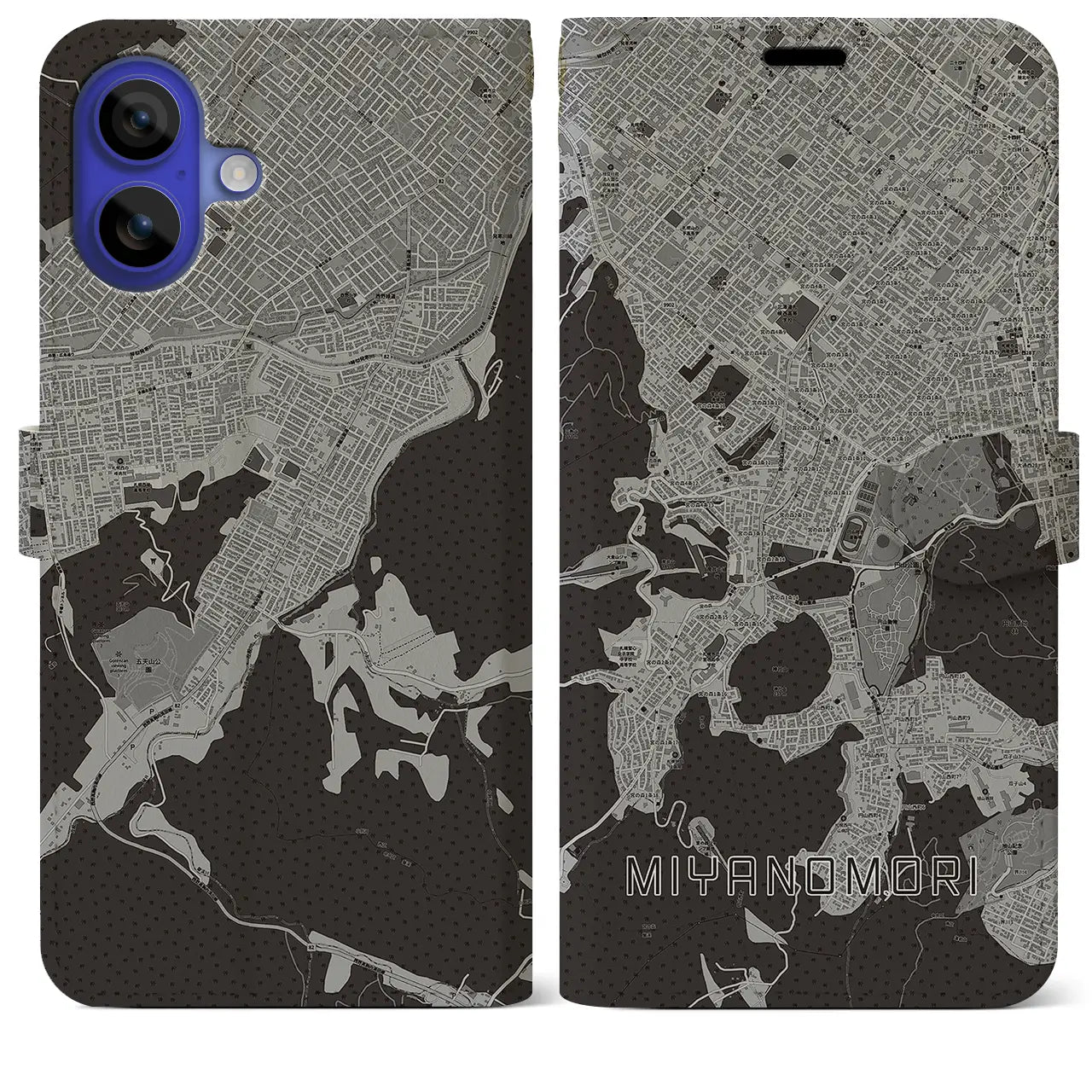 【宮の森(北海道)】地図柄iPhoneケース(手帳タイプ)モノトーン・iPhone 16 Pro Max 用