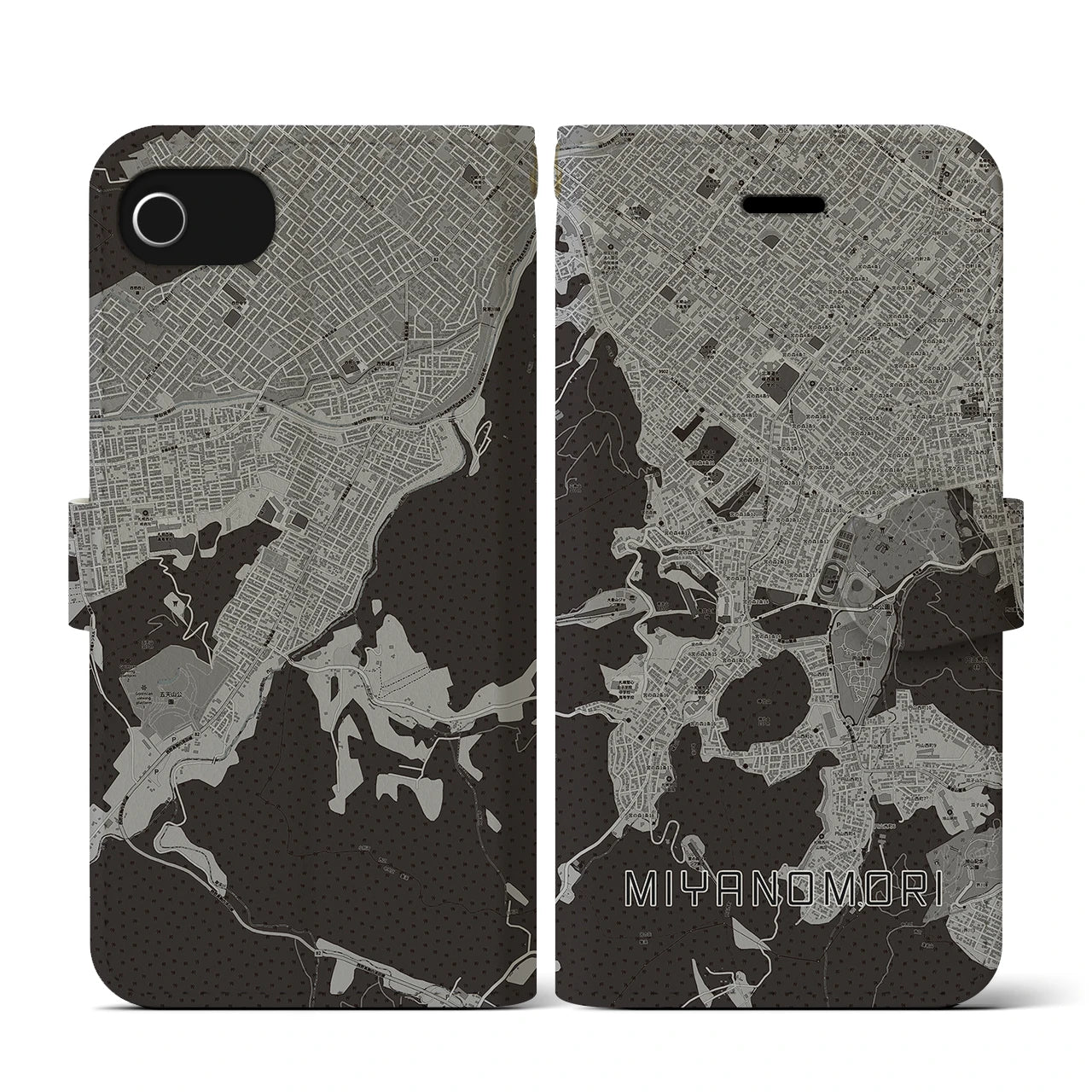 【宮の森(北海道)】地図柄iPhoneケース(手帳タイプ)モノトーン・iPhone SE(第3 / 第2世代) / 8 / 7 / 6s / 6 用