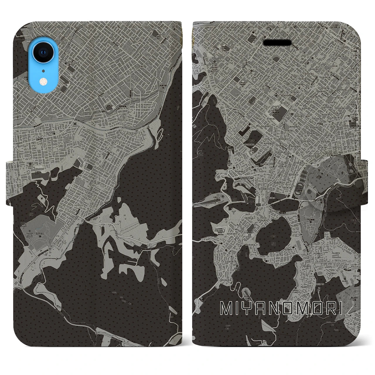 【宮の森(北海道)】地図柄iPhoneケース(手帳タイプ)モノトーン・iPhone XR 用