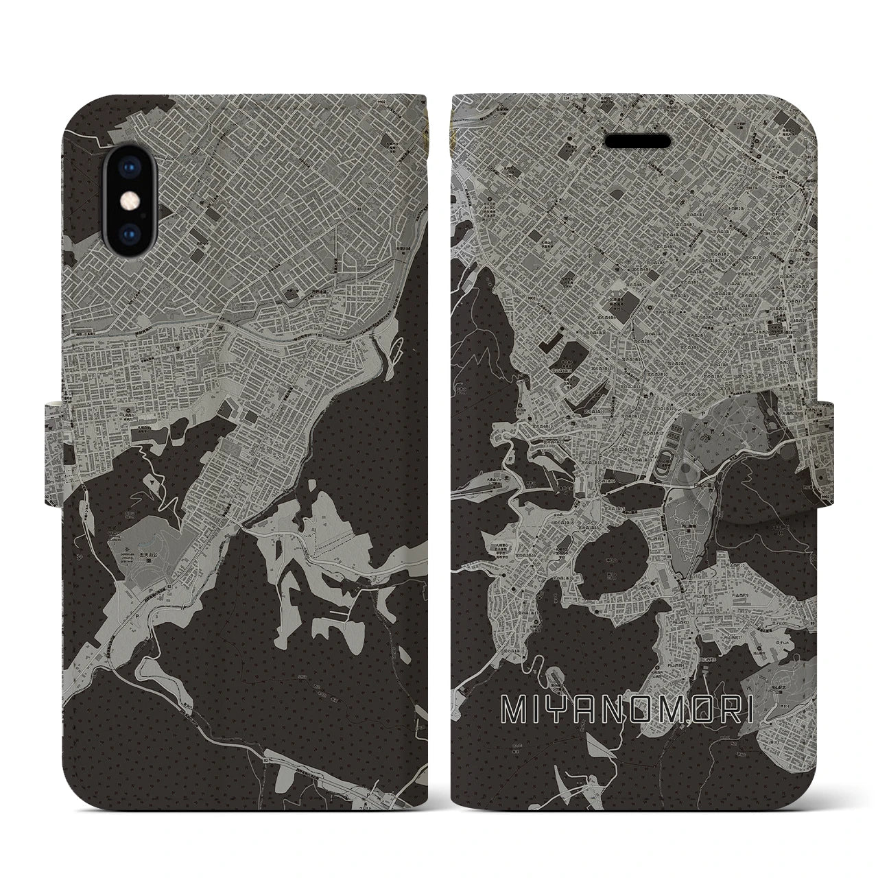 【宮の森(北海道)】地図柄iPhoneケース(手帳タイプ)モノトーン・iPhone XS / X 用