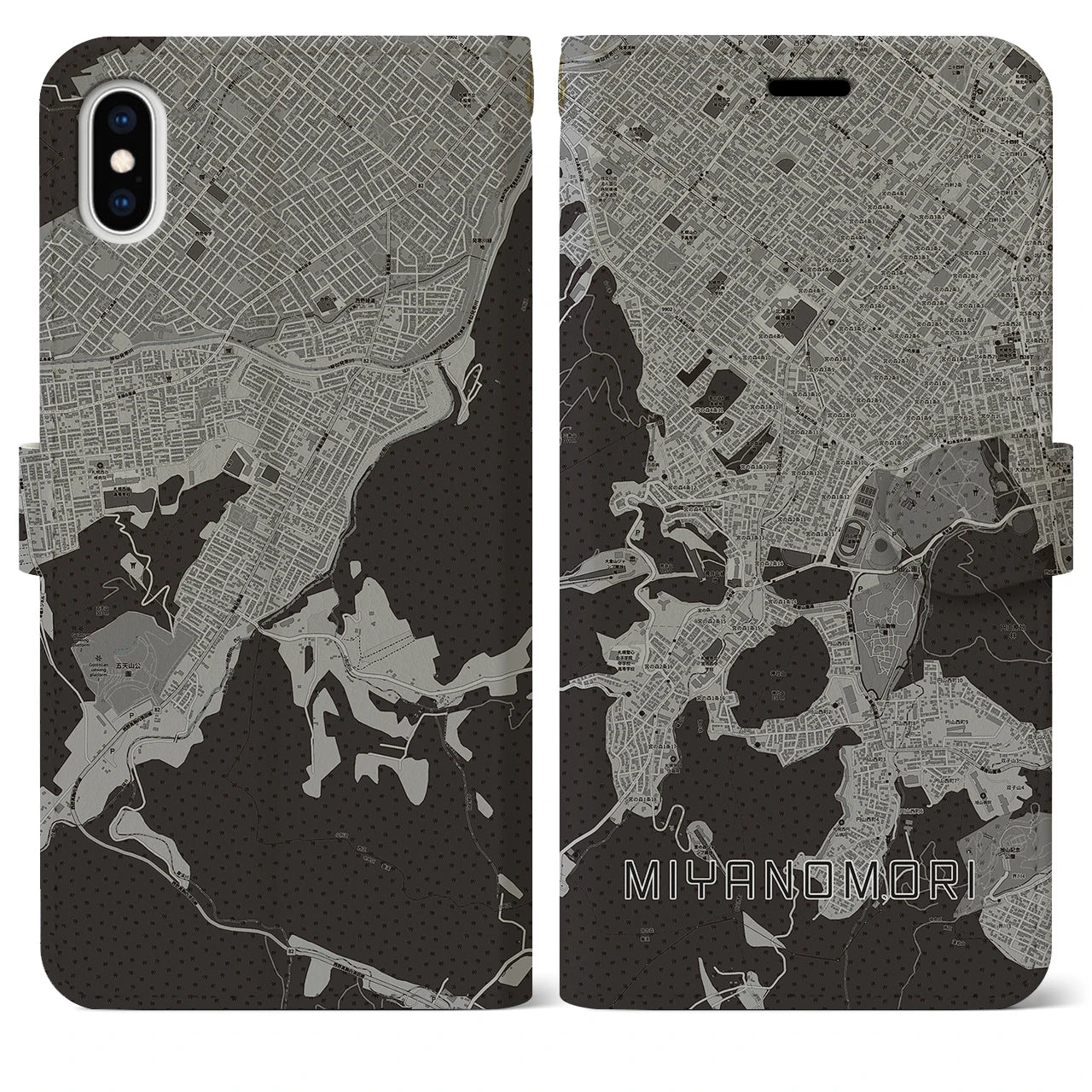 【宮の森(北海道)】地図柄iPhoneケース(手帳タイプ)モノトーン・iPhone XS Max 用