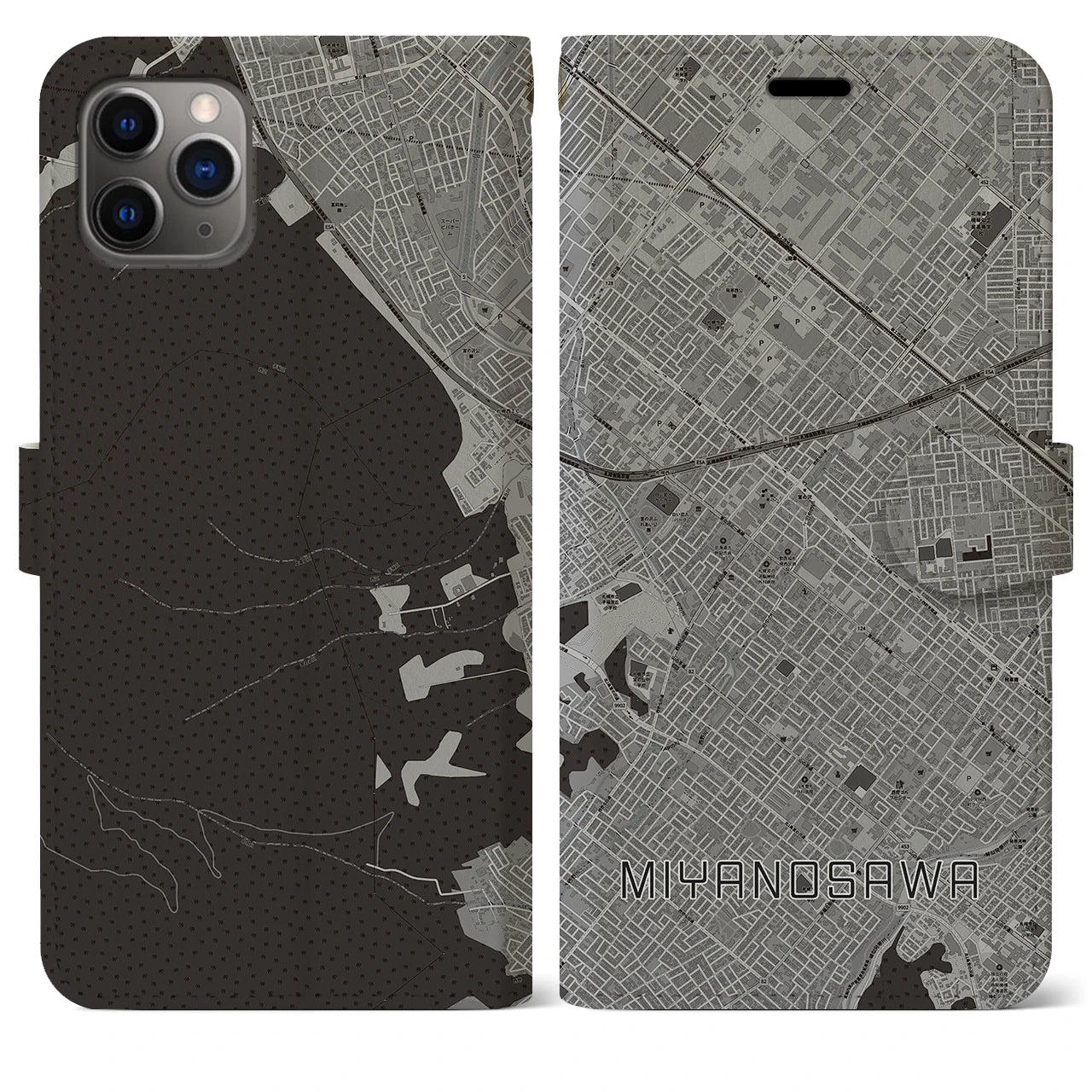 【宮の沢(北海道)】地図柄iPhoneケース(手帳タイプ)モノトーン・iPhone 11 Pro Max 用