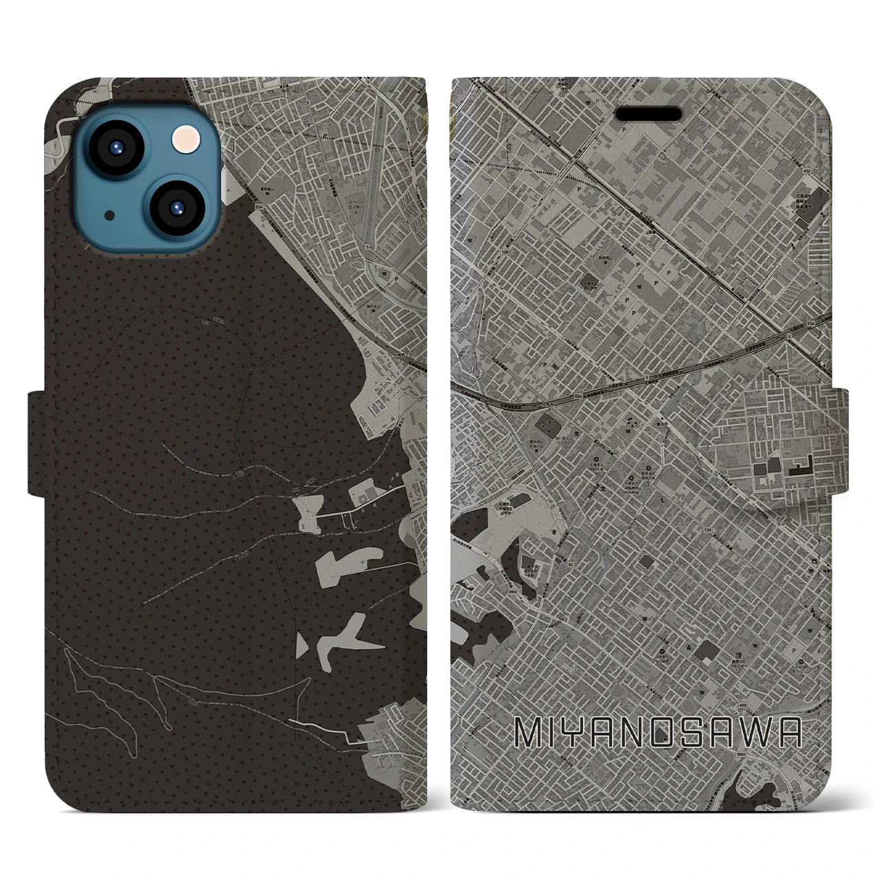 【宮の沢(北海道)】地図柄iPhoneケース(手帳タイプ)モノトーン・iPhone 13 用