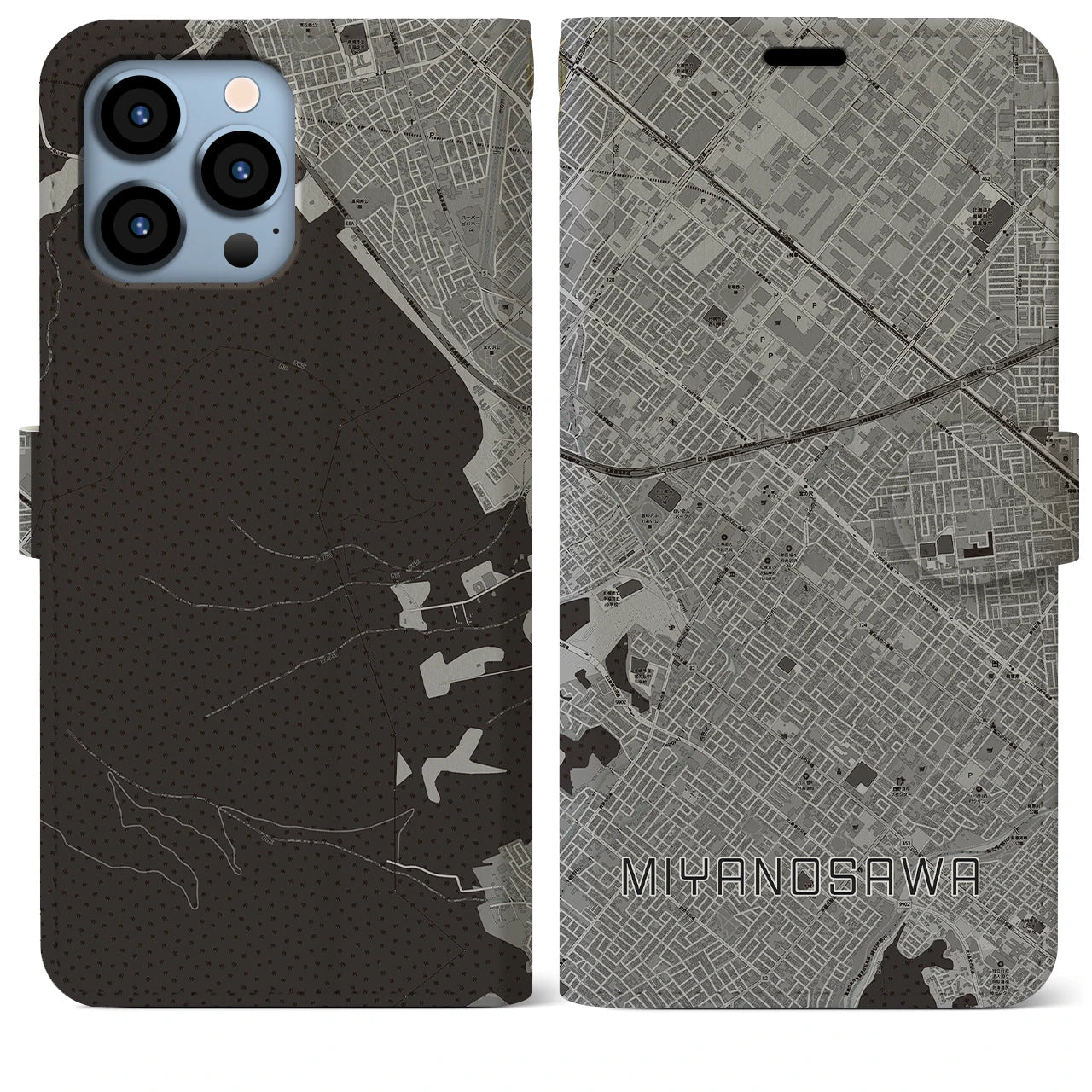 【宮の沢(北海道)】地図柄iPhoneケース(手帳タイプ)モノトーン・iPhone 13 Pro Max 用