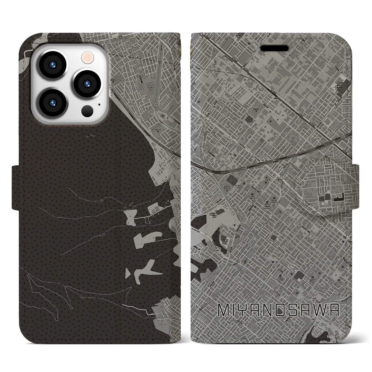 【宮の沢(北海道)】地図柄iPhoneケース(手帳タイプ)モノトーン・iPhone 13 Pro 用