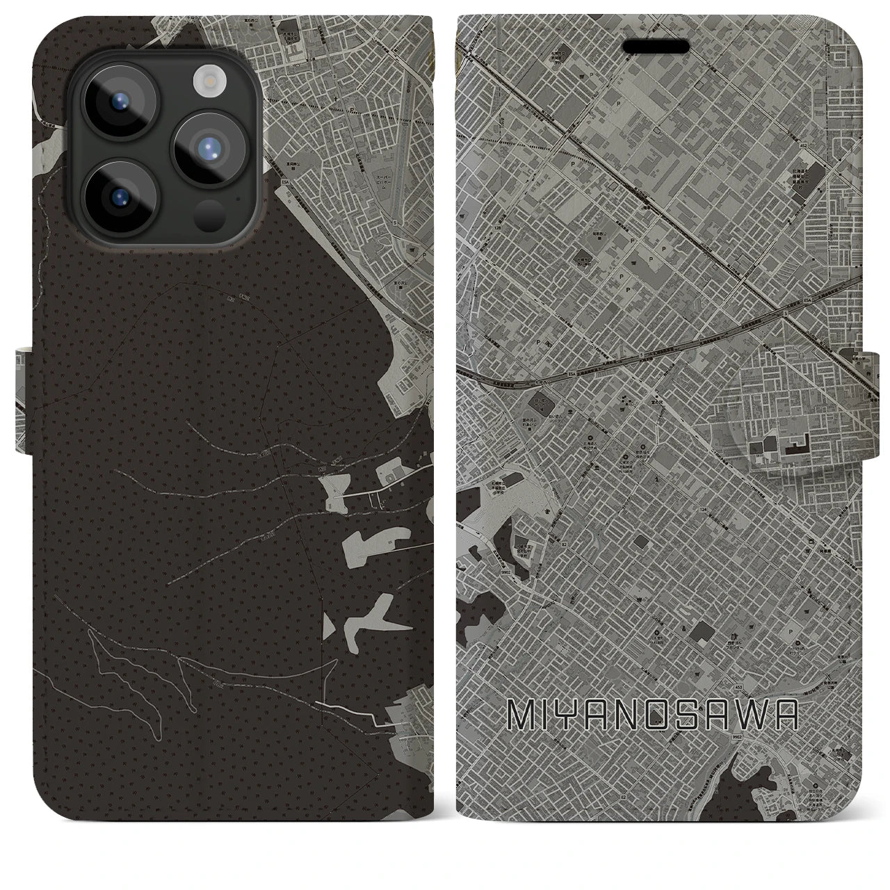 【宮の沢(北海道)】地図柄iPhoneケース(手帳タイプ)モノトーン・iPhone 15 Pro Max 用