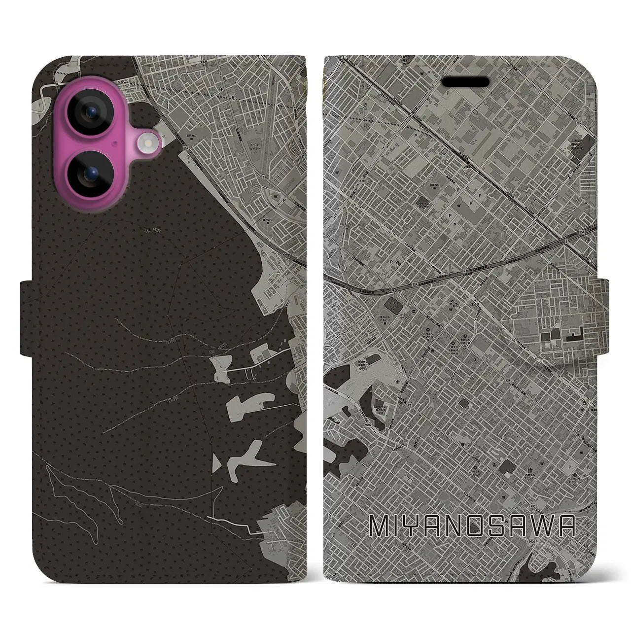 【宮の沢(北海道)】地図柄iPhoneケース(手帳タイプ)モノトーン・iPhone 16 Pro 用